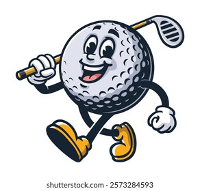 Walking Golf Ball carrying a golf club
,        Cartoon Character Mascot Illustration Vector Clip-art Hand-drawn Logo Design