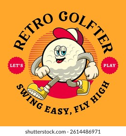 Walking Golf Ball Sports mascot cartoon character in Vintage Style	