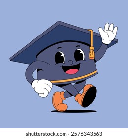 Walking graduation hat retro cartoon mascot