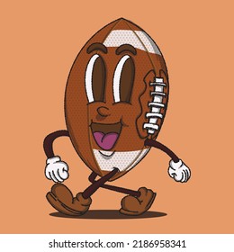 Walking Gridiron American Football Mascot Vector Illustration With Face. For Vintage Retro Logos And Branding. Funky Vintage Style Cartoon Face Vector Illustration