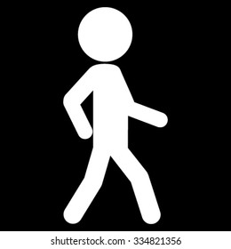 Walking Guy vector icon. Style is flat symbol, white color, rounded angles, black background.