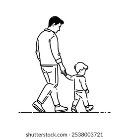 Walking Hand in Hand Of A Dad and Child In Simple Black And White Art Line Illustration
