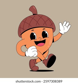 Walking happy acorn retro cartoon