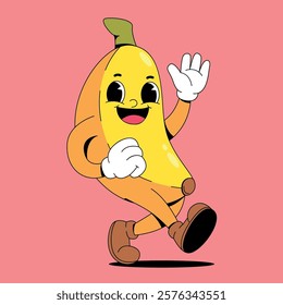Walking happy banana retro cartoon