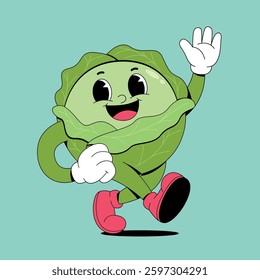 Walking happy cabbage retro cartoon