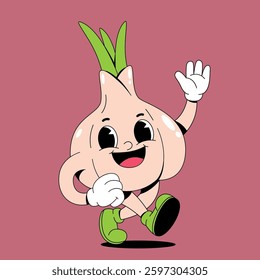 Walking happy garlic retro cartoon