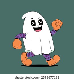Walking happy ghost retro cartoon
