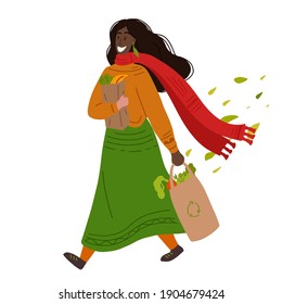 Walking happy hygge african american woman with purchases and foliage. Buying food and vegetables. Vegetarianism and Zero Waste lifestyle. Vector flat illustration for postcards, banners