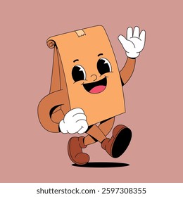 Walking happy paper bag retro cartoon
