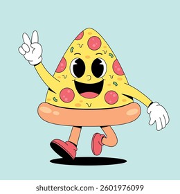 Walking happy pizza cartoon mascot