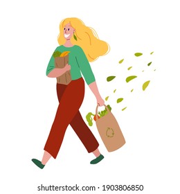 Walking happy woman with purchases in her hands and foliage. Buying food and vegetables. Vegetarianism and Zero Waste lifestyle. Vector flat illustration for postcards, banners and your creativity.