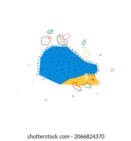 walking hedgehog with apple and mushroom, vector illustration
