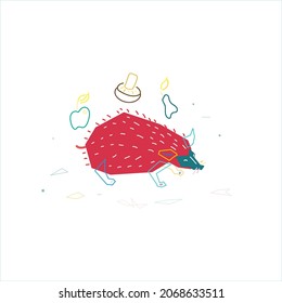walking hedgehog with apple and mushroom, vector illustration