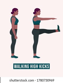 Walking High Kicks exercise, Woman workout fitness, aerobic and exercises. Vector Illustration.