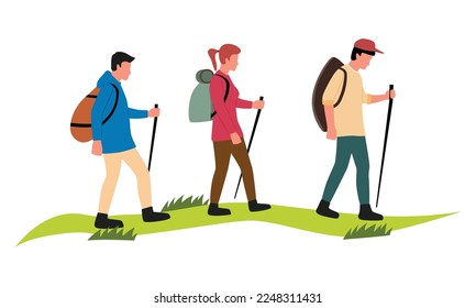 walking and hiking outdoor activity vector hiker or tourist with backpack hiking forest travel mountain