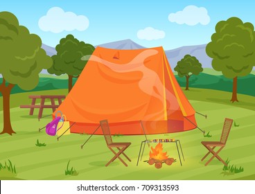 Walking, Hiking or Sports outdoor camping recreation landscape, nature adventures vacation illustration. Tent with fireplace.