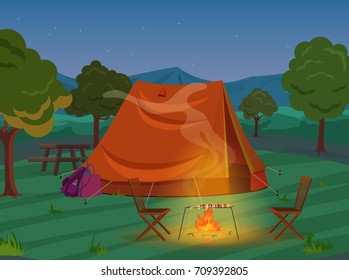 Walking, Hiking or Sports outdoor camping recreation landscape, nature adventures vacation illustration. Tent in night wood.