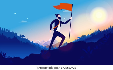Walking up hill with flag. Modern businessman taking the hard road to reach personal success. Winner, on top, self development, success and business growth concept. Vector illustration.