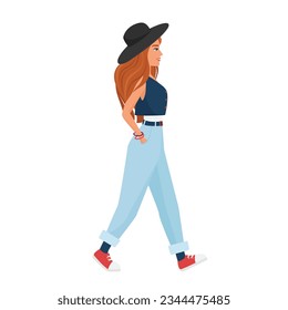Walking hipster girl. Pretty young woman going for a walk vector cartoon illustration