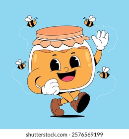 Walking honey jar with bees retro cartoon vector