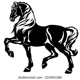 walking horse. Black heavy draft stallion in the profile. Silhouette. Side view vector illustration