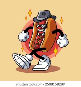 Walking Hotdog Mascot Character Illustration Vintage