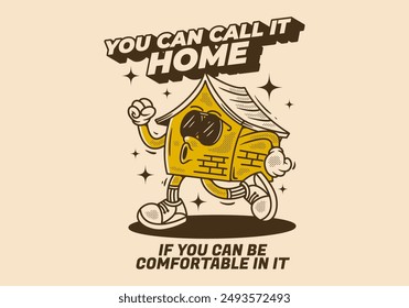Walking house mascot character illustration in vintage retro style
