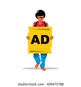 Walking Human Advertising. Vector Cartoon Illustration. Man carries on his chest advertising board. Unusual Logo template isolated on a white background