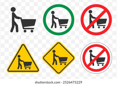 Walking human figure with shopping cart icon symbol. Stick man people and store cart logo sign. No, Not allowed, Prohibition, Prohibited. Vector illustration image. Isolated on white background.