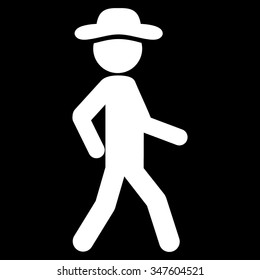 Walking Human Figure vector icon. Style is flat symbol, white color, rounded angles, black background.