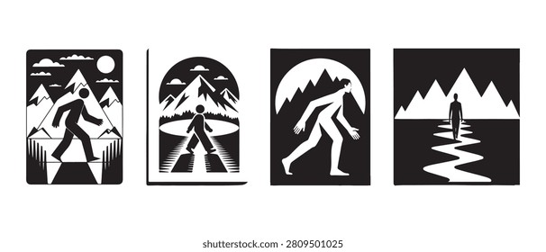 Walking Human Figures in Mountain Landscapes Vector Illustration Set in Minimalist Black and White Style.
