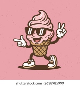 Walking icecream cartoon with sunglas, mascot, illustration, character, vector, clip art, hand drawn - Tee design for printing. Good for poster, wallpaper, t-shirt, gift.