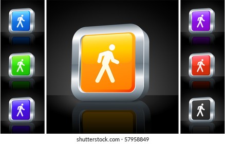 Walking Icon on 3D Button with Metallic Rim Original Illustration