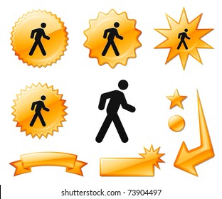 Walking Icon on Orange Burst Banners and Medals Original Vector Illustration