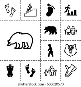 Walking icon. set of 13 filled and outline walking icons such as bear, foot print, man with case, foot, man going up, trainers