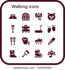 walking icon set. 16 filled walking icons.  Simple modern icons about  - Boots, Cat, Elephant, Crutch, Walker, Treadmill, Feet, Crutches, Leash dog, Sport shoe, Metal detector