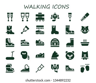 walking icon set. 30 filled walking icons.  Collection Of - Crutches, Walker, Elephant, Crutch, Metal detector, Boots, Shoes, Boot, Cat, Shoe, Treadmill, Leash dog, Sneakers, Sport shoes