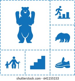 Walking icon. set of 6 walking filled icons such as bear, stair, trainers, man going up