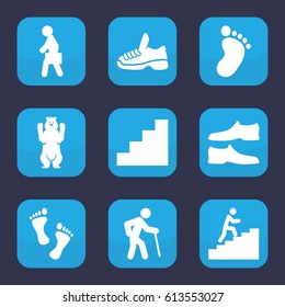 Walking icon. set of 9 filled walking icons such as bear, foot print, man shoe, man with case, stair, trainers