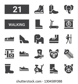 walking icon set. Collection of 21 filled walking icons included Cat, Boots, Treadmill, Shoe, Dung, Boot, Shoes, Hiker, Elephant