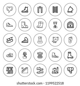 Walking icon set. collection of 25 outline walking icons with boot, boots, cat, elephant, foot, hiking, metal detector, stairs, sneakers, sport shoes icons. editable icons.