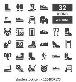 walking icon set. Collection of 32 filled walking icons included Walker, Shoe, Cat, Treadmill, Dung, Boots, Hiker, Boot, Elephant, Metal detector, Shoes, Crutches, Walking stick