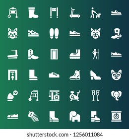 walking icon set. Collection of 36 filled walking icons included Cat, Boots, Elephant, Boot, Dung, Shoes, Crutches, Treadmill, Walker, Shoe, Metal detector, Hiker, Walk, Walking stick