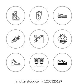 Walking icon set. collection of 9 outline walking icons with boot, boots, elephant, crutches, foot, stairs, shoe icons. editable icons.