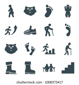 Walking icons. set of 16 editable filled walking icons such as bear, foot print, old man, old couple, boot, man with case, stair, trainers, man going up