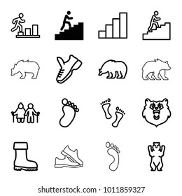 Walking icons. set of 16 editable outline walking icons such as man climbing stairs, bear, foot print, old couple, boot, stair, trainers, man going up, foot