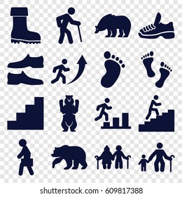 Walking icons set. set of 16 walking filled icons such as bear, foot print, man shoe, boot, man with case, stair, trainers, foot