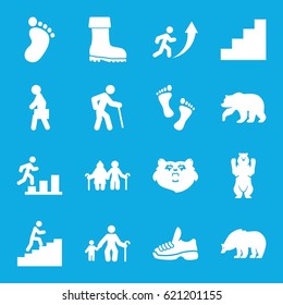 Walking icons set. set of 16 walking filled icons such as bear, foot print, boot, man with case, stair, trainers, man climbing stairs, foot
