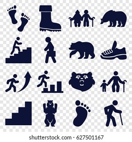 Walking icons set. set of 16 walking filled icons such as bear, foot print, boot, man with case, stair, trainers, man climbing stairs, foot