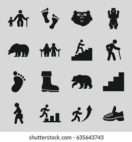 Walking icons set. set of 16 walking filled icons such as bear, foot print, boot, man with case, stair, trainers, man climbing stairs, foot